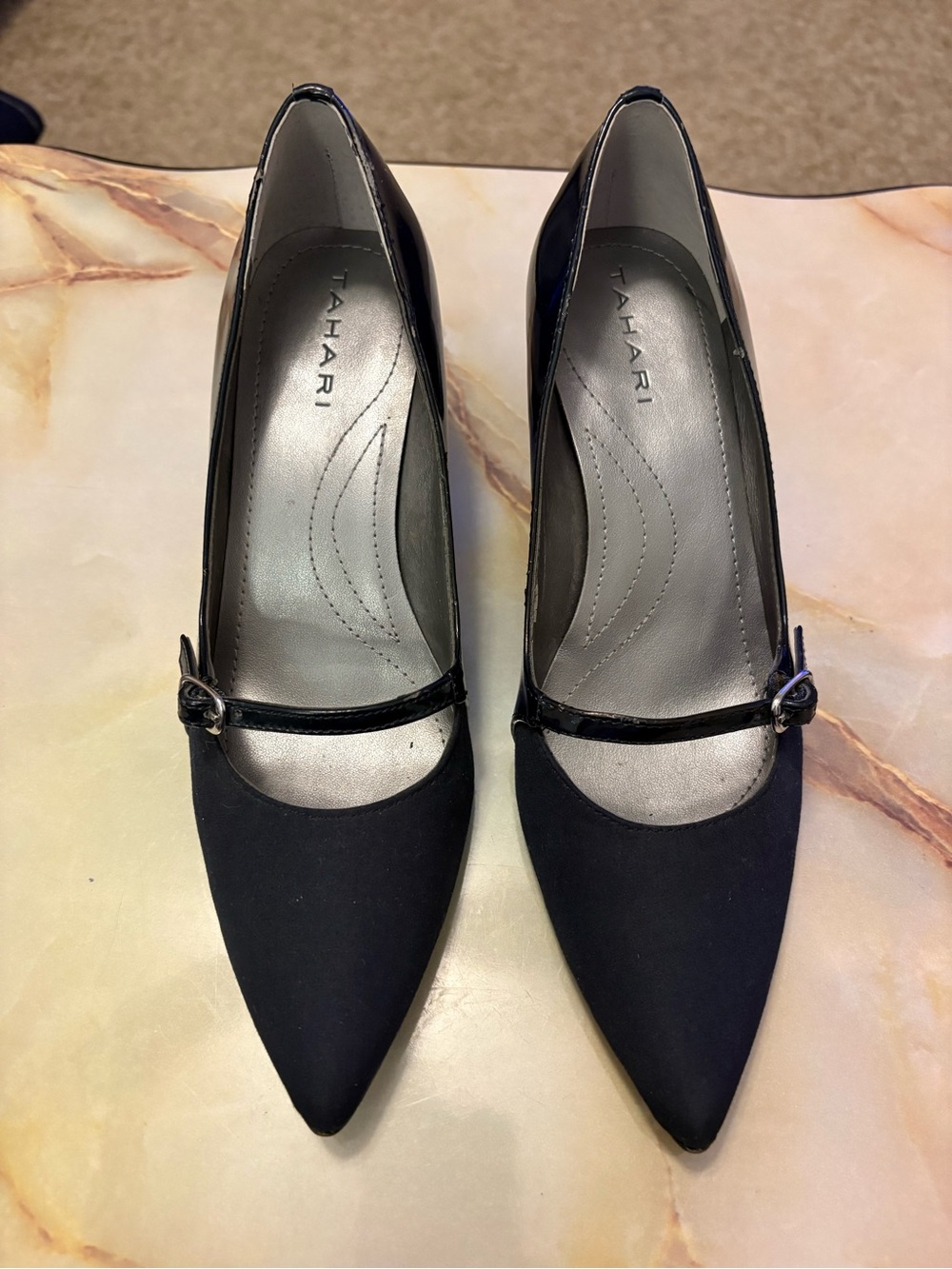 Tahari “Melanie”Black Patent Leather,Cone Heel, Buckle- Pointed Toe Shoes-Sz 6M